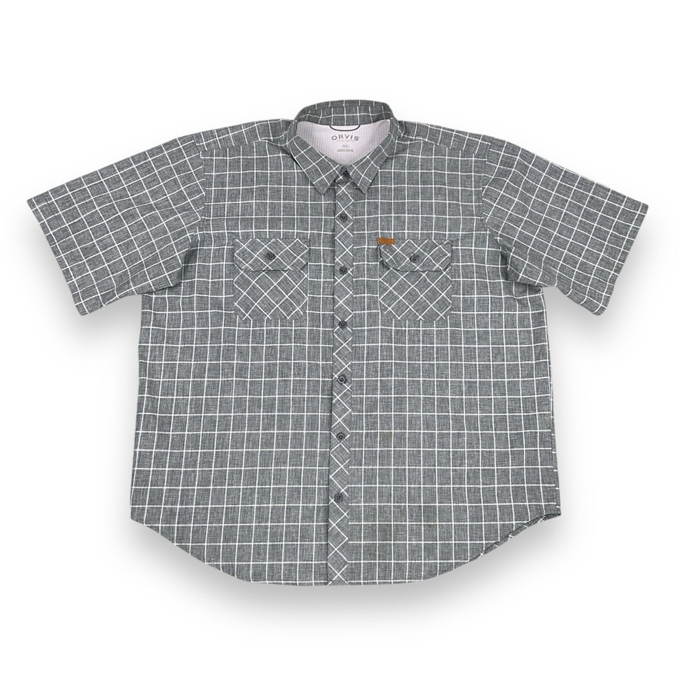 Orvis Shirt Mens XXL Gray White Plaid Performance Button Short Sleeve Pockets